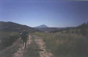 Anita caminando decidida hacia la Higa de Monreal, que es la monta�a que se ve al fondo.